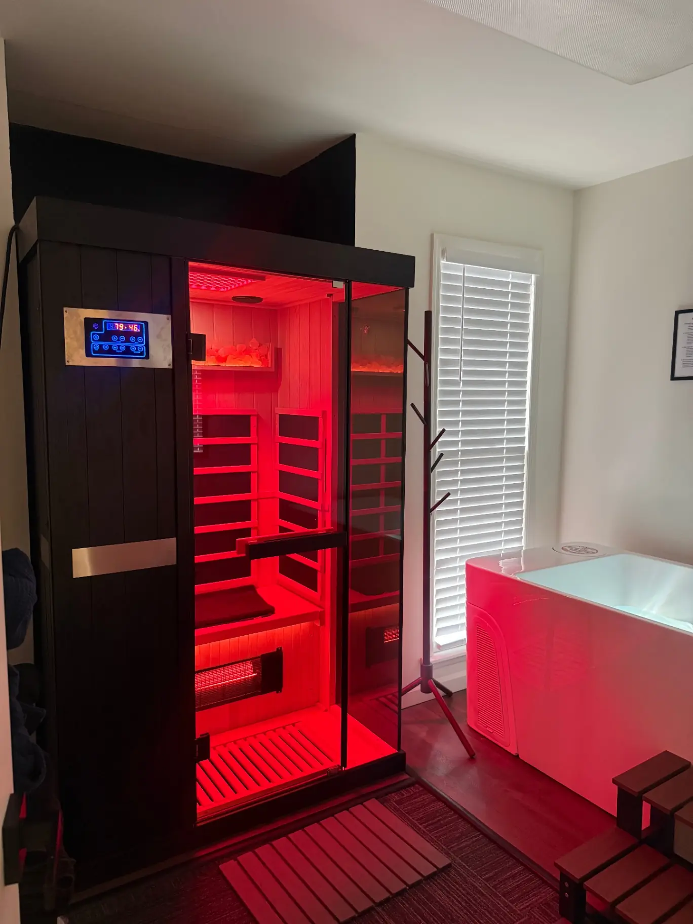 Infrared sauna cabin in the recovery suite at Balance Bodyworks & Wellness in Homewood, AL, used before massage sessions